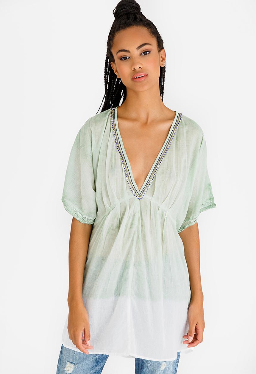 G Couture - Dip-dye Beaded Neckline Tunic Top Green