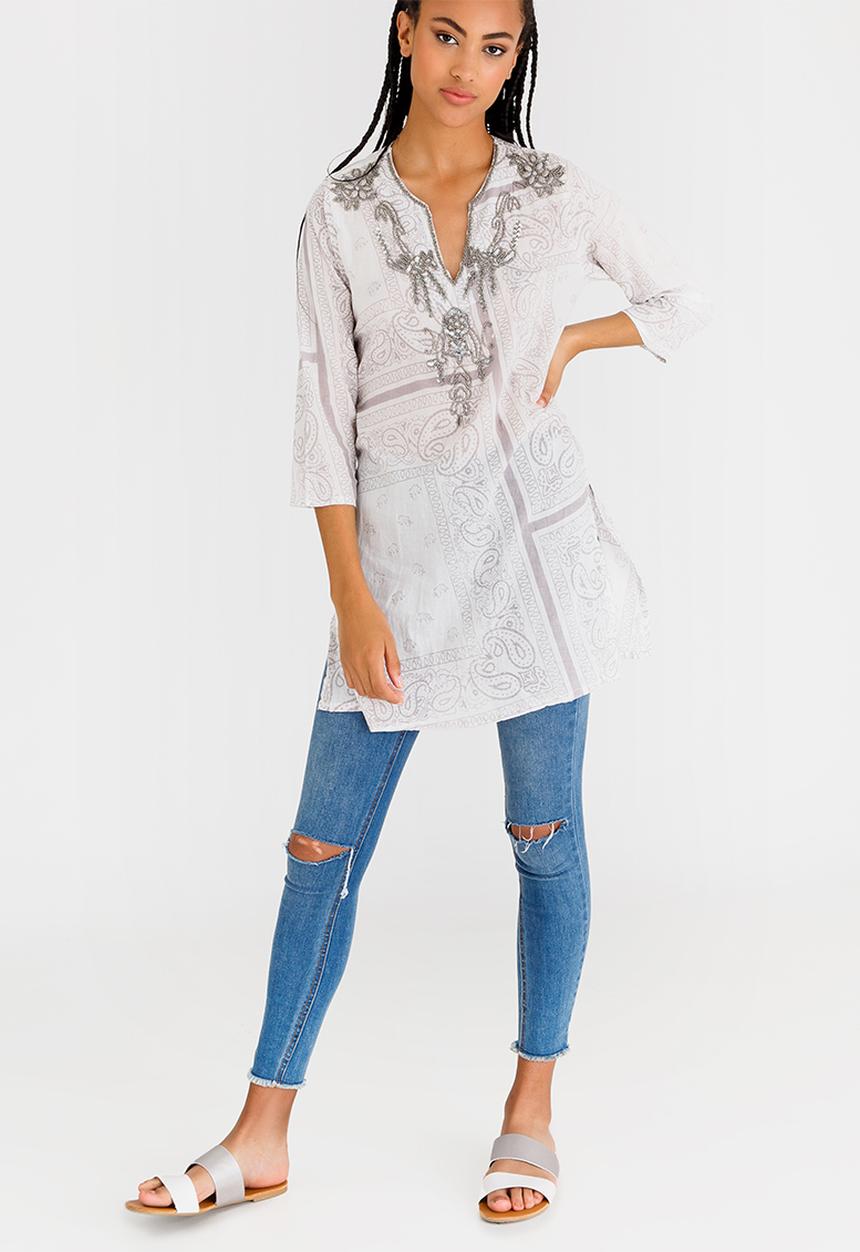G Couture - Printed Beaded Neckline Tunic Multi-colour