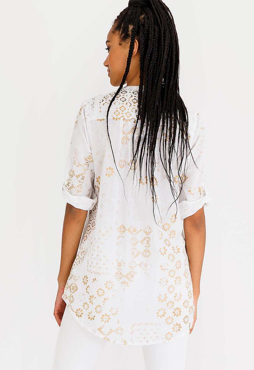 G Couture - Foil Printed Top with Beaded Neckline Gold