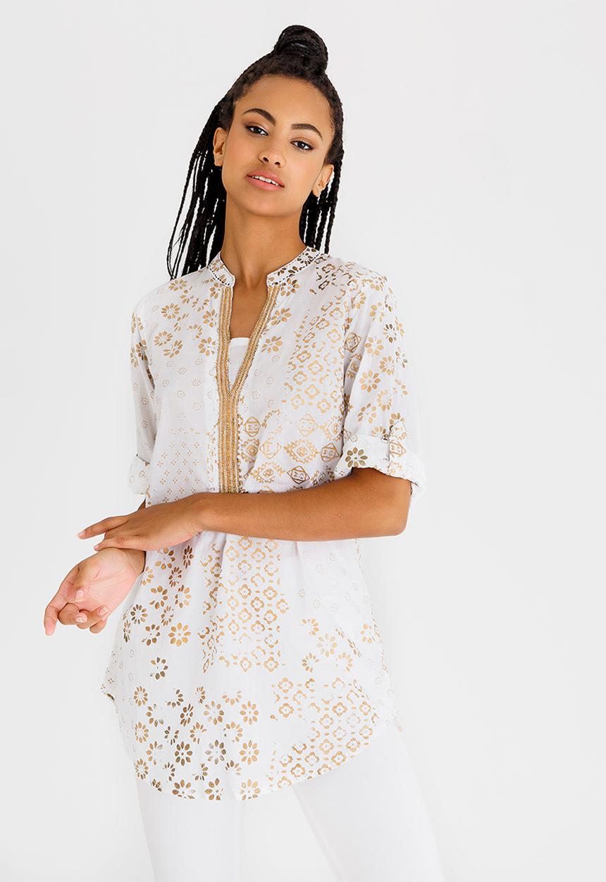G Couture - Foil Printed Top with Beaded Neckline Gold