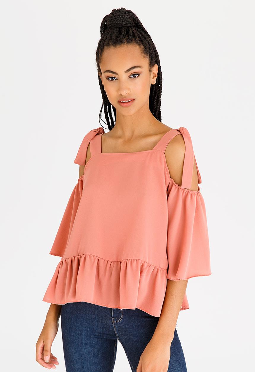 edit - Tiered Cold Shoulder Blouse Mid Pink