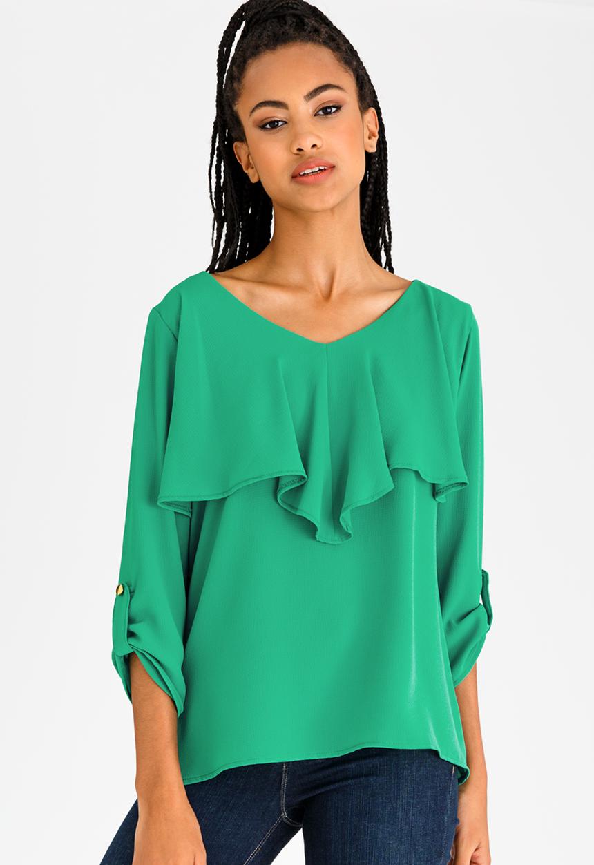 edit - 3/4 Sleeve Blouse with Frills Green
