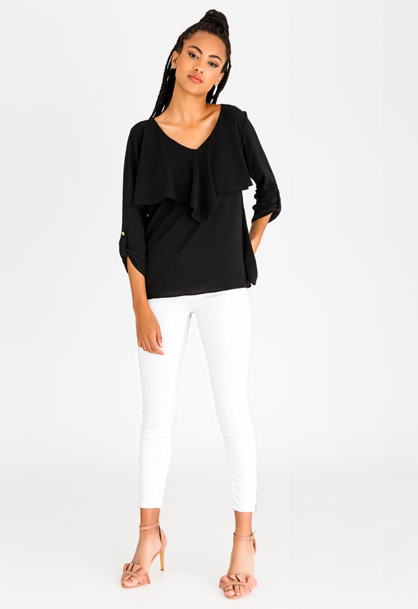 edit - 3/4 Sleeve Blouse with Frills Black