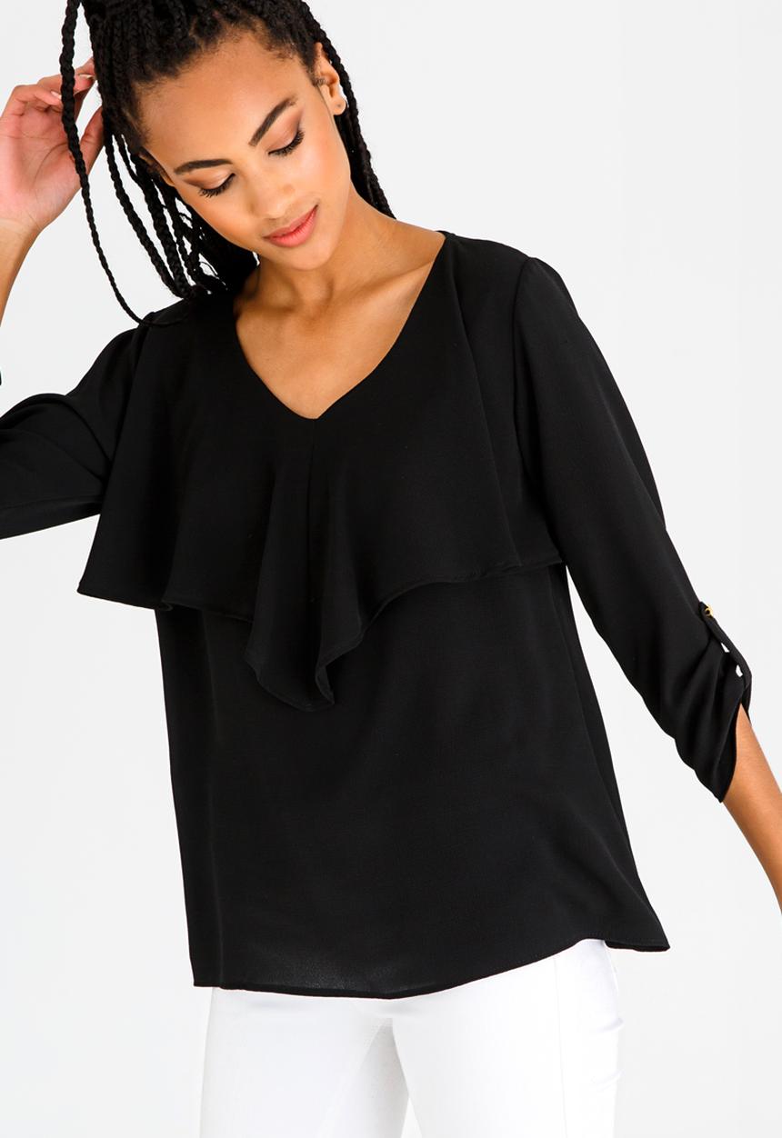edit - 3/4 Sleeve Blouse with Frills Black