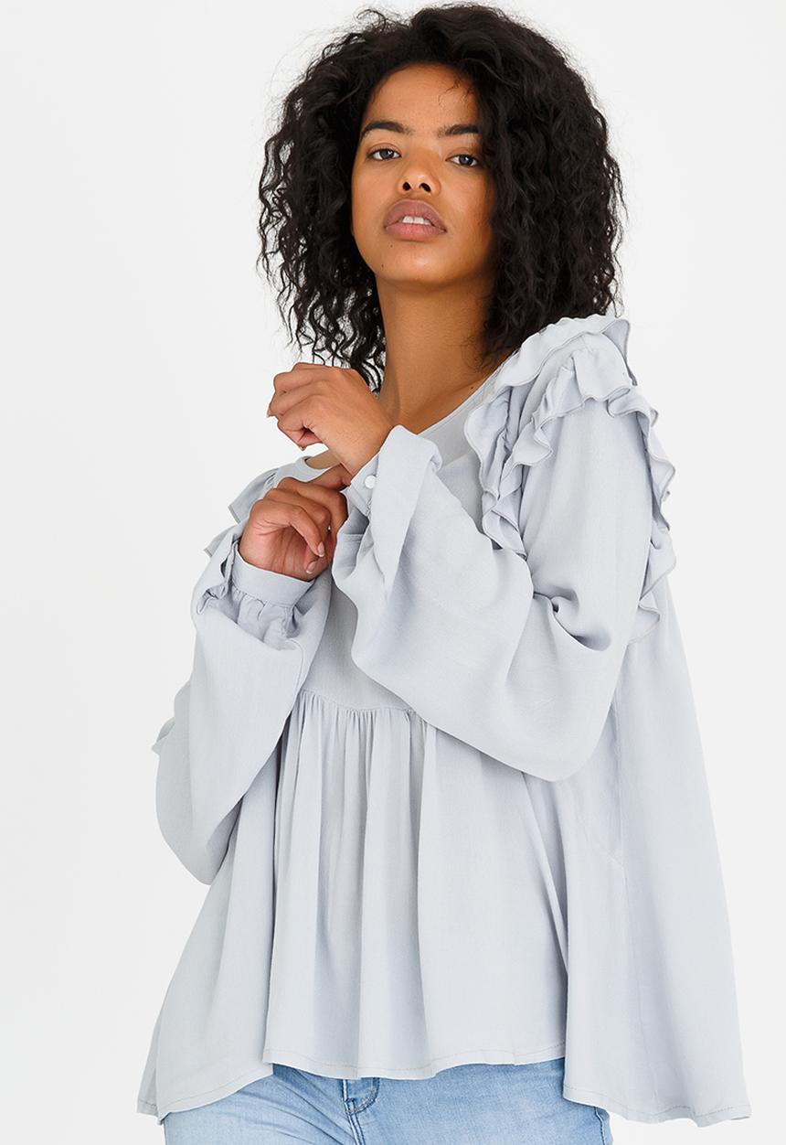 edit - Baby Doll Long-sleeve Blouse Pale Grey