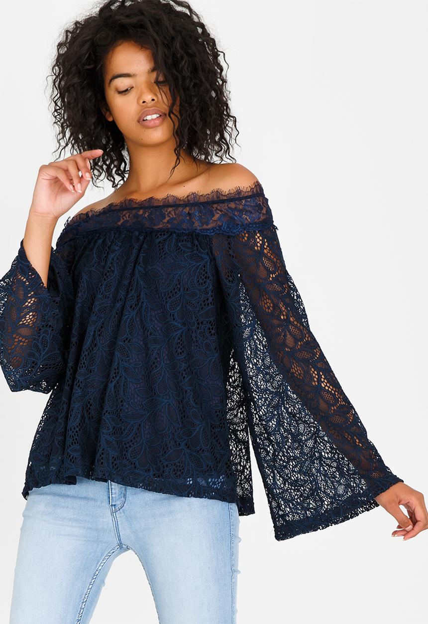 edit - Lace Bardot Blouse Navy