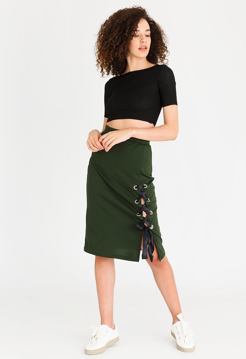 STYLE REPUBLIC - Lace-up Midi Skirt Dark Green