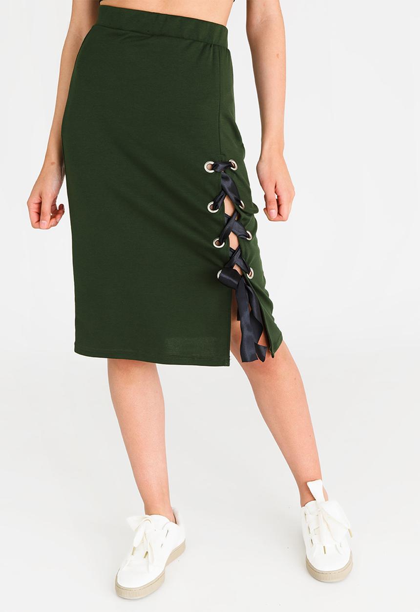 STYLE REPUBLIC - Lace-up Midi Skirt Dark Green
