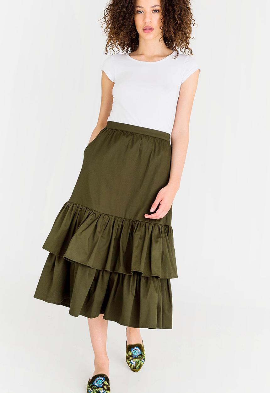 STYLE REPUBLIC - Frill Midi Skirt Dark Green