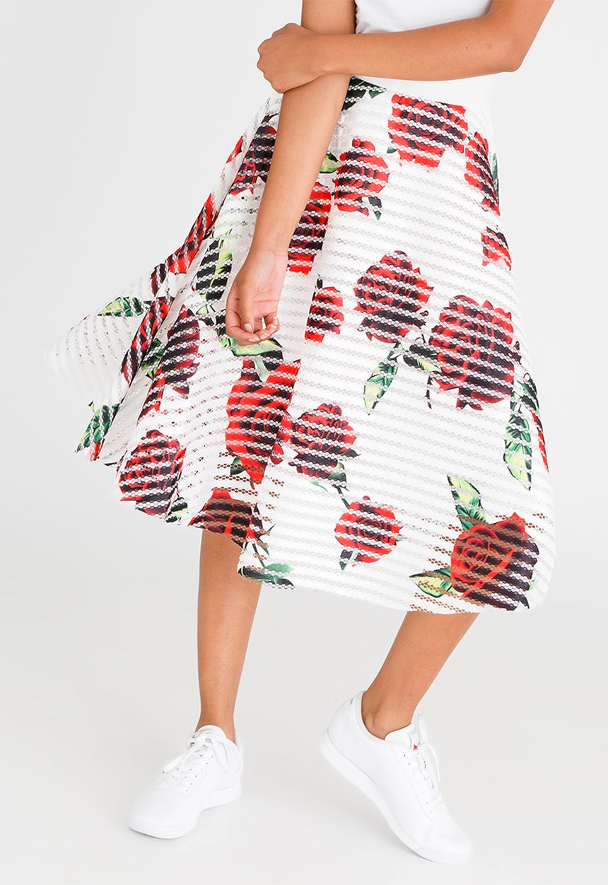 Revenge - Rose Printed A-line Skirt White