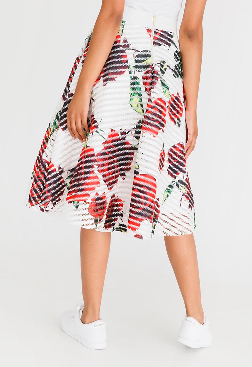 Revenge - Rose Printed A-line Skirt White