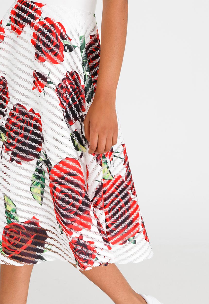 Revenge - Rose Printed A-line Skirt White