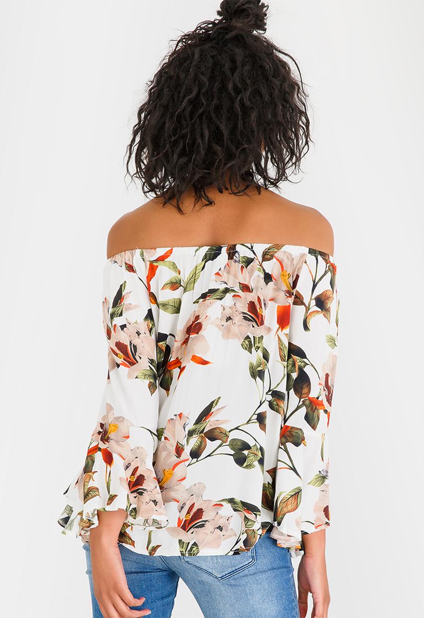 Revenge - Floral Print Off-the-shoulder Top White
