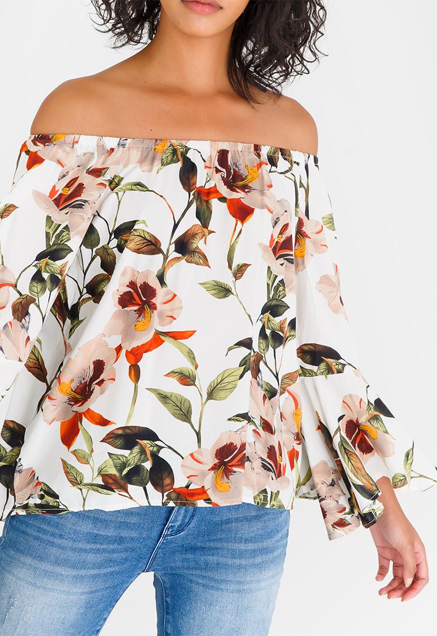 Revenge - Floral Print Off-the-shoulder Top White