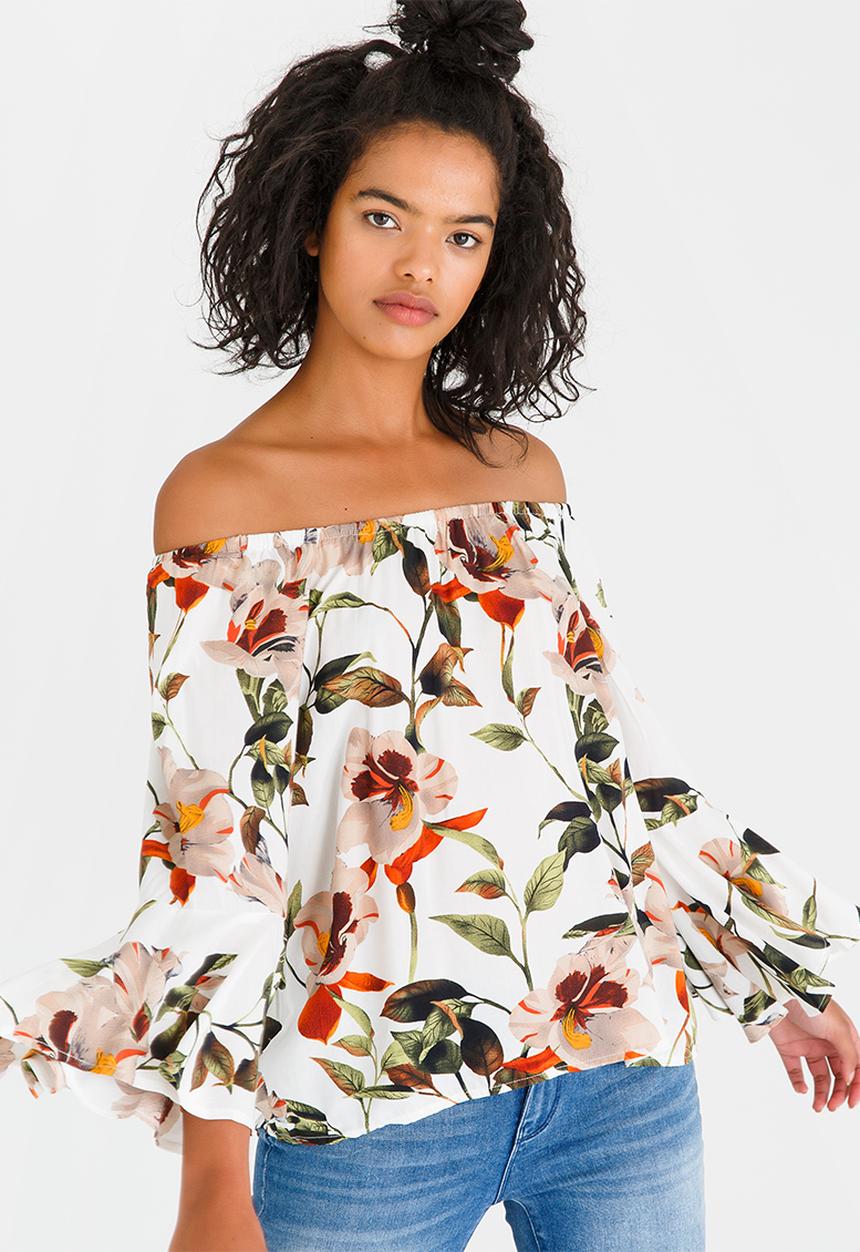 Revenge - Floral Print Off-the-shoulder Top White