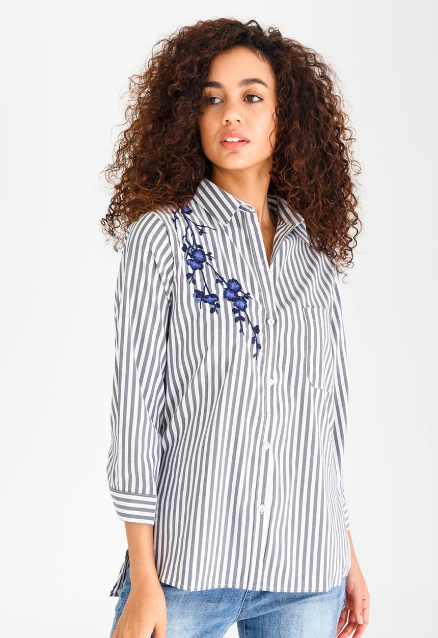Revenge - Striped Shirt with Embroidery Detail Mid Grey