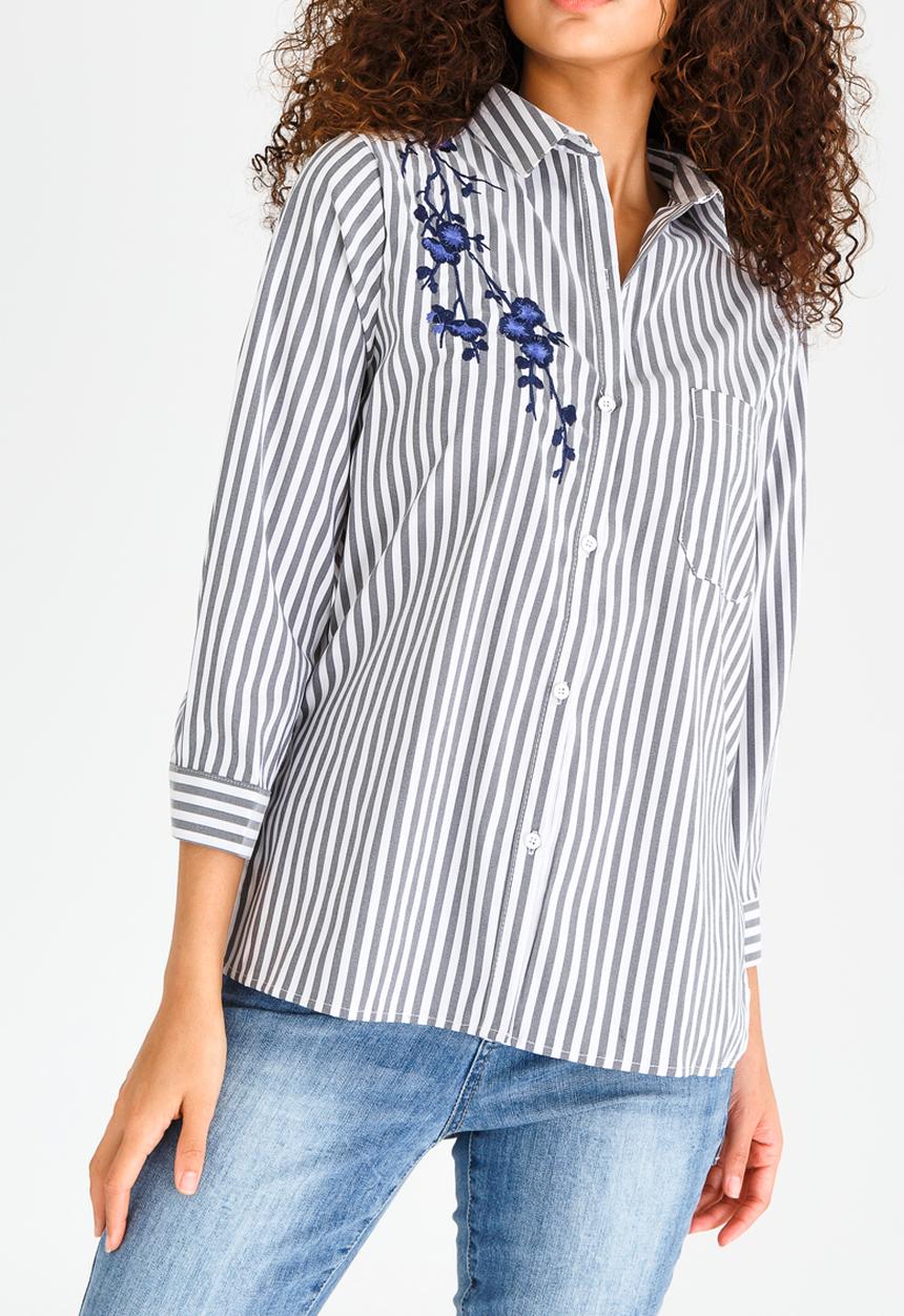 Revenge - Striped Shirt with Embroidery Detail Mid Grey