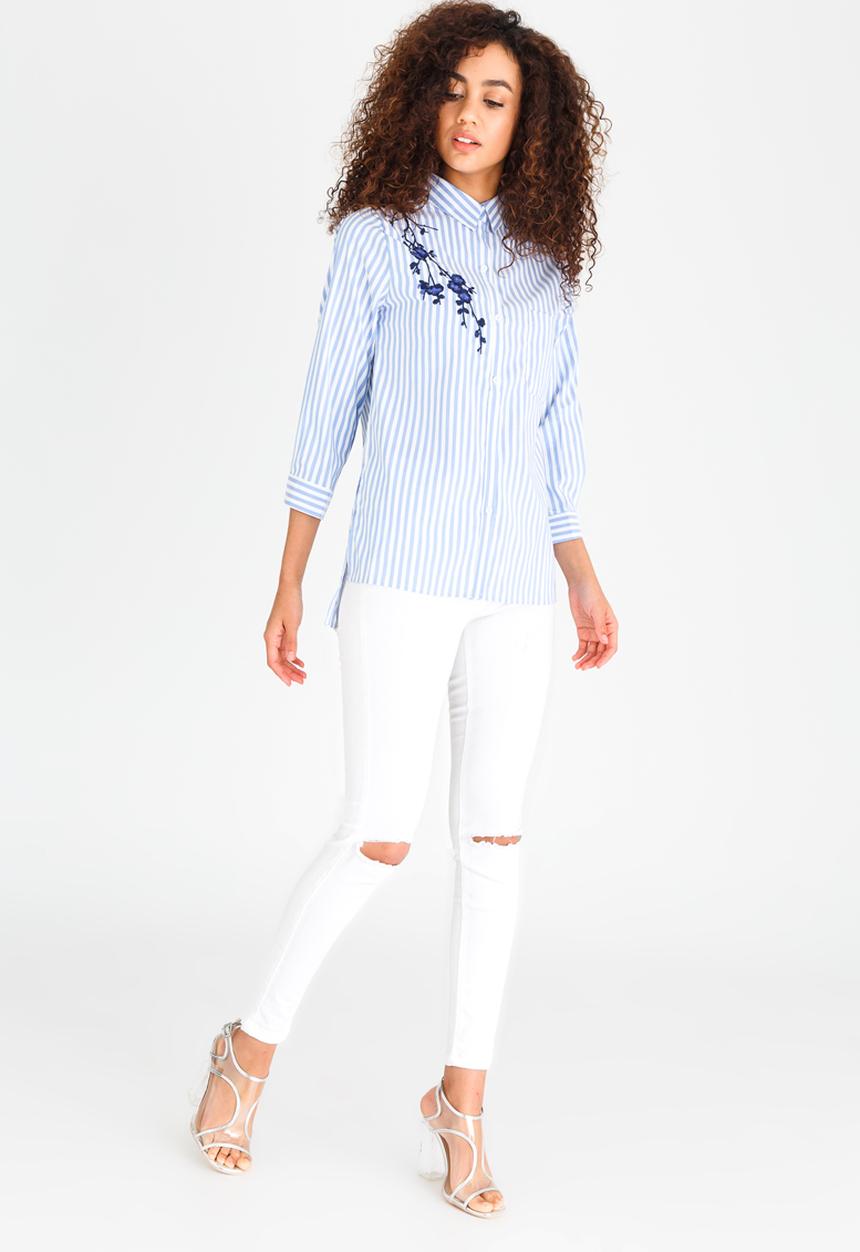 Revenge - Striped Shirt with Embroidery Detail Blue and White