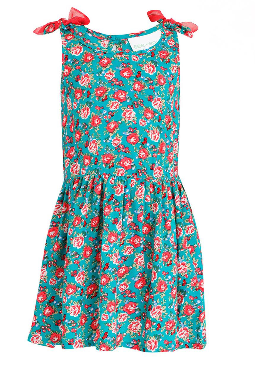 See-Saw - Mid Waist Dress with Shoulder Bow Dark Green