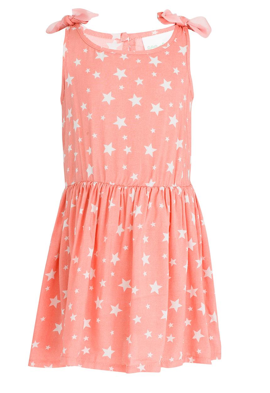 See-Saw - Mid Waist Dress with Shoulder Bow Peach