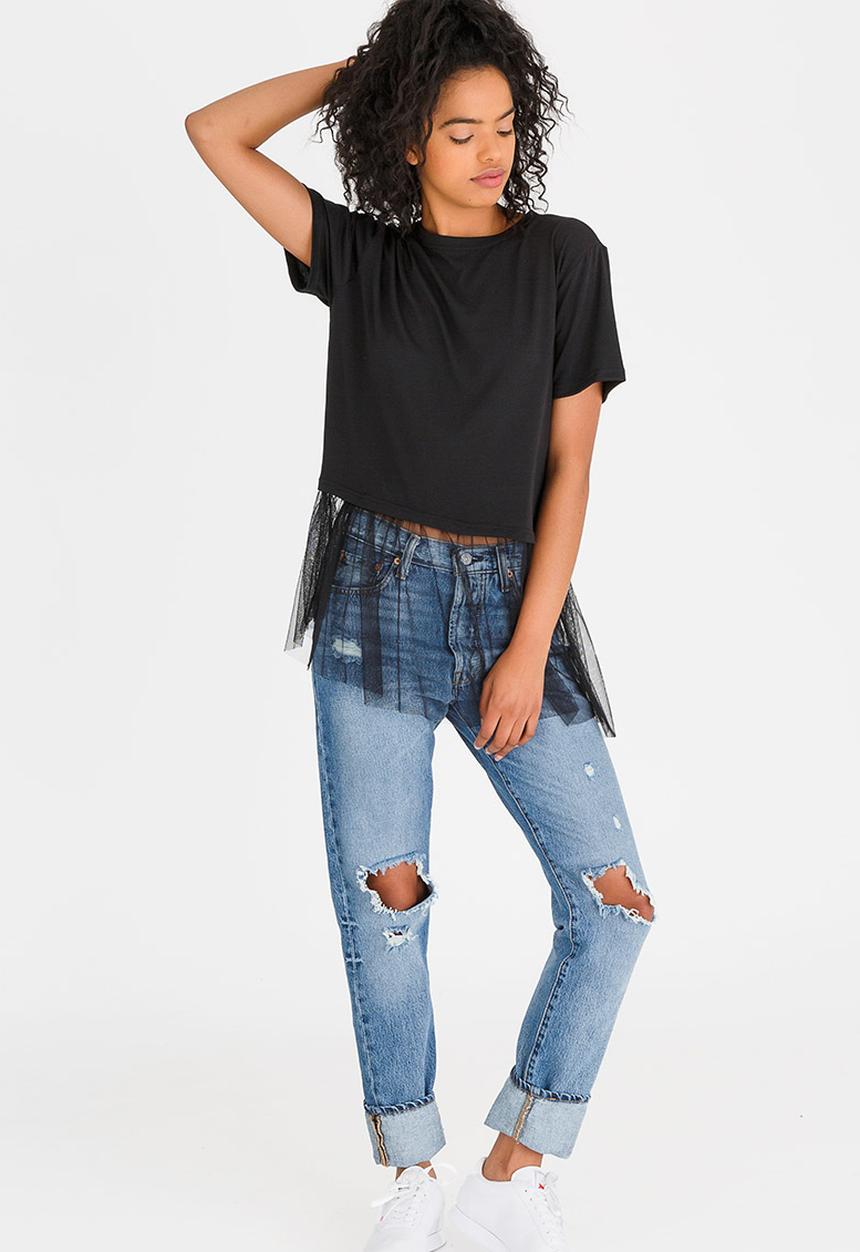 c(inch) - Asymmetrical Mesh Combo T-shirt Black