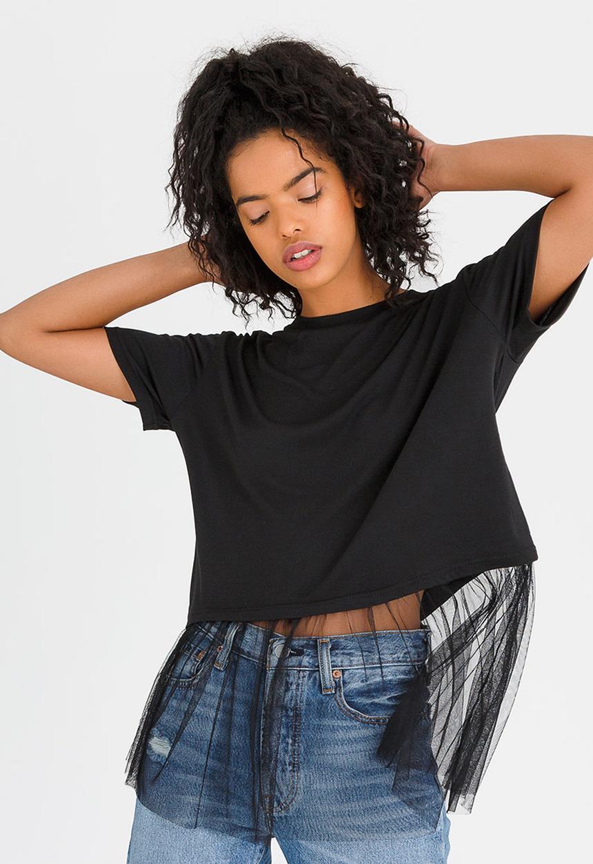 c(inch) - Asymmetrical Mesh Combo T-shirt Black