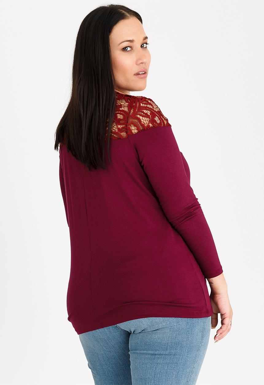 STYLE REPUBLIC PLUS - Lace Inset T-shirt Dark Red
