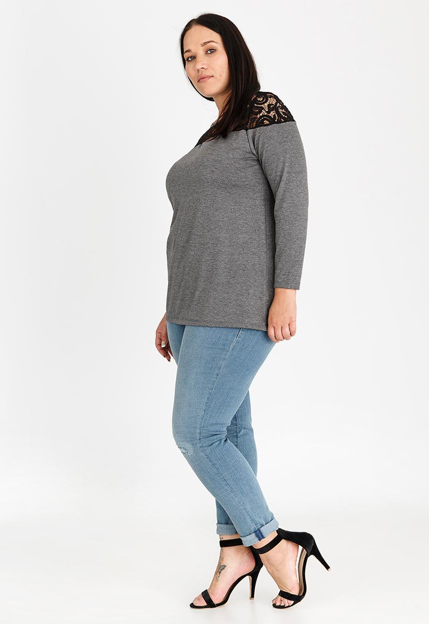 STYLE REPUBLIC PLUS - Lace Inset T-shirt Dark Grey