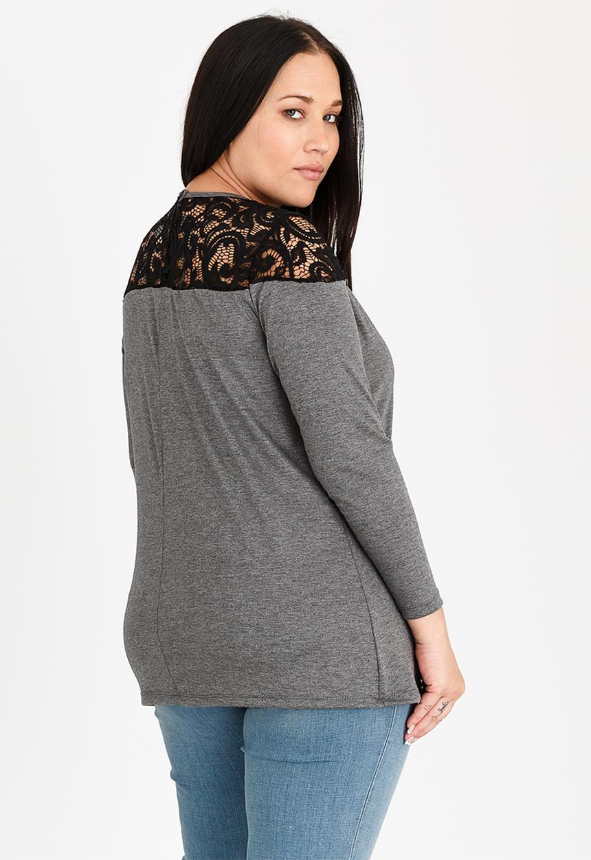 STYLE REPUBLIC PLUS - Lace Inset T-shirt Dark Grey