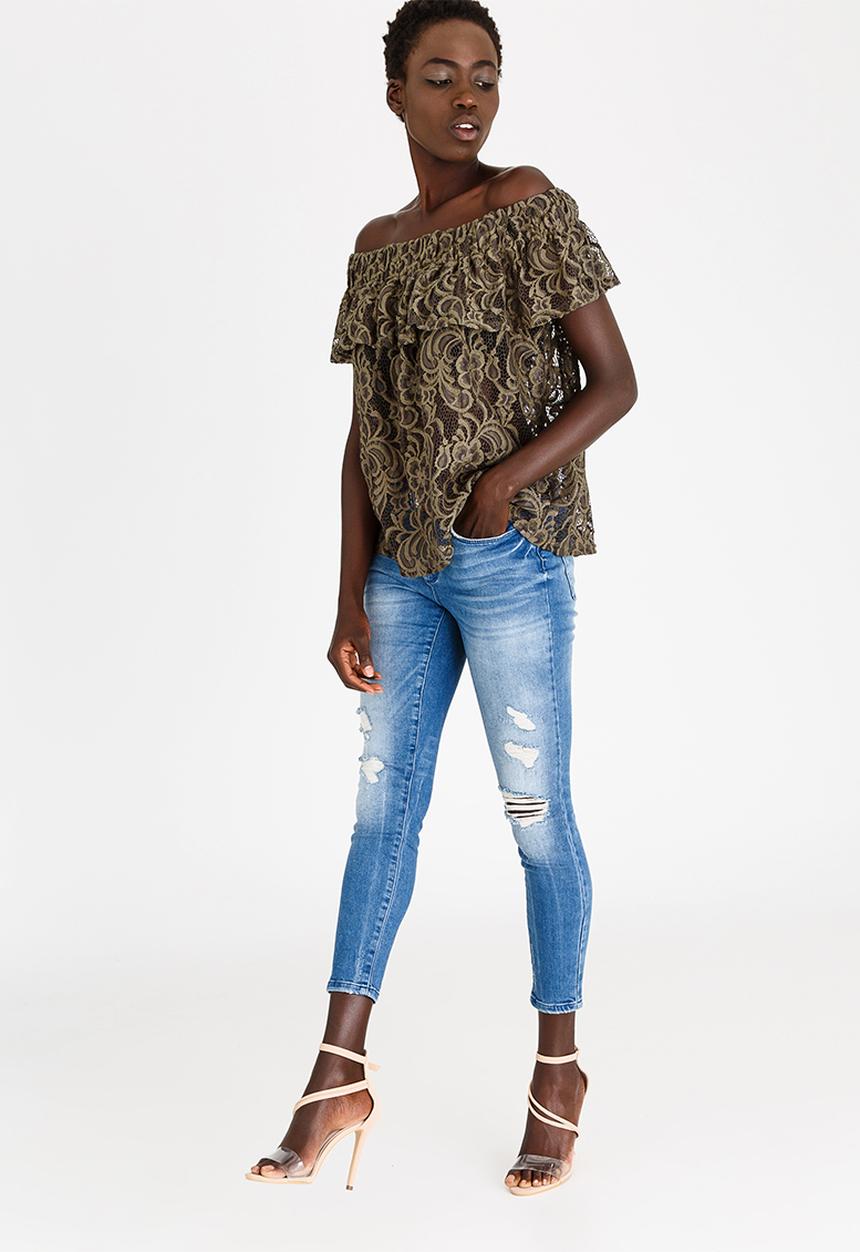 STYLE REPUBLIC - Lace Bardot Blouse Dark Green