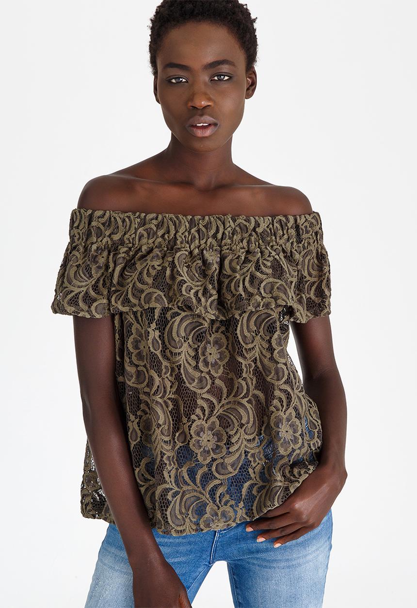 STYLE REPUBLIC - Lace Bardot Blouse Dark Green