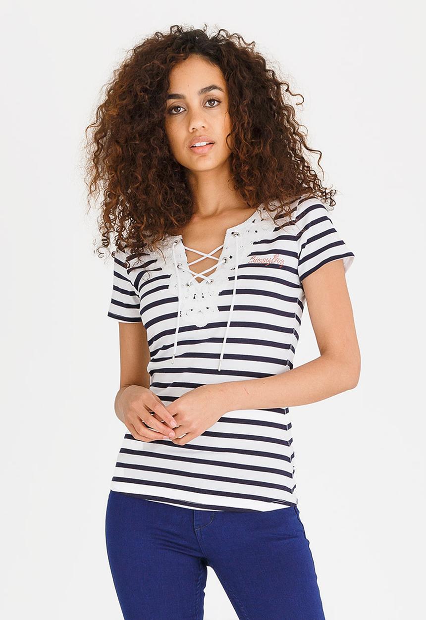SISSY BOY - Demi One Up Tee with Lace Detail Navy & White