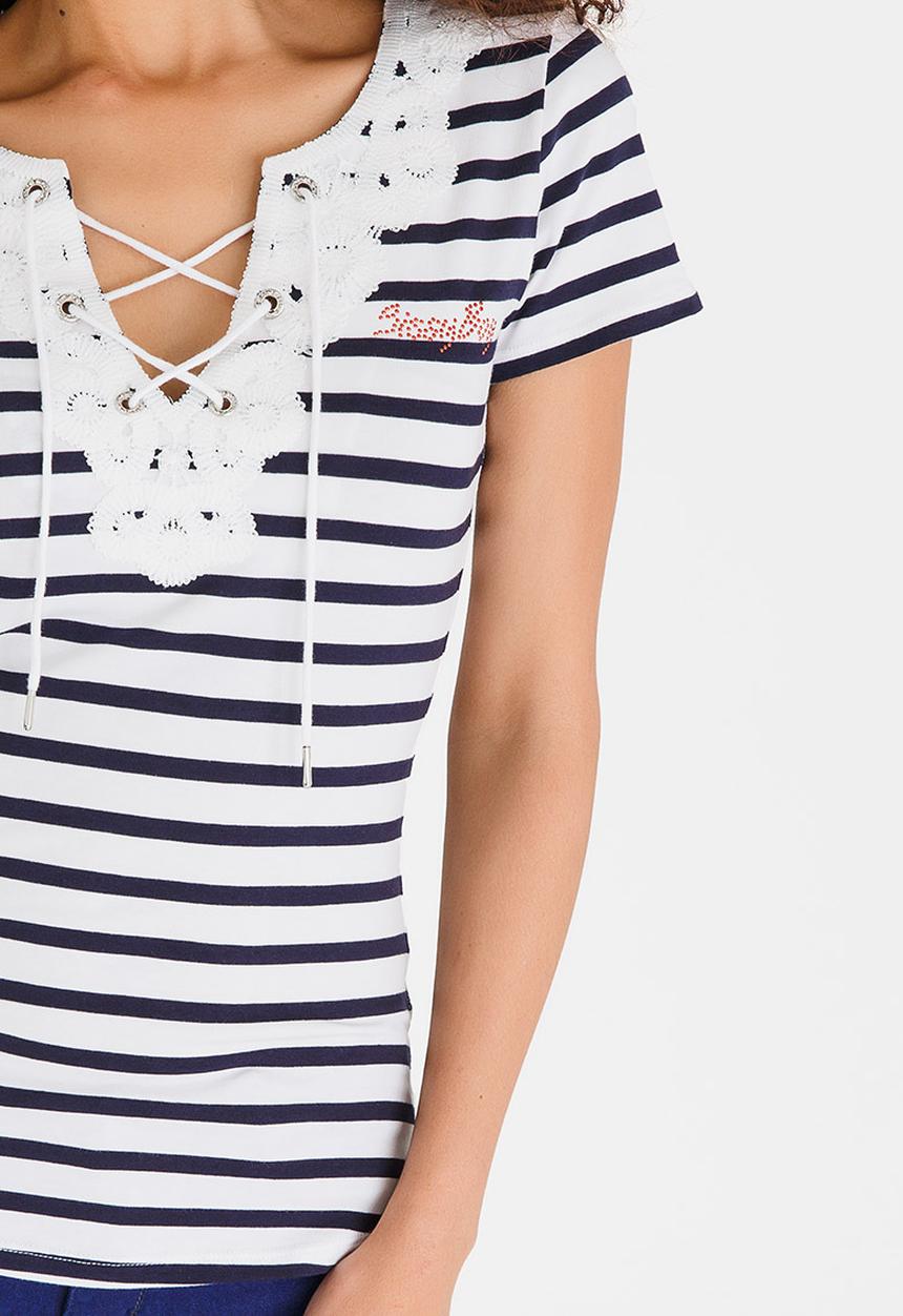 SISSY BOY - Demi One Up Tee with Lace Detail Navy & White