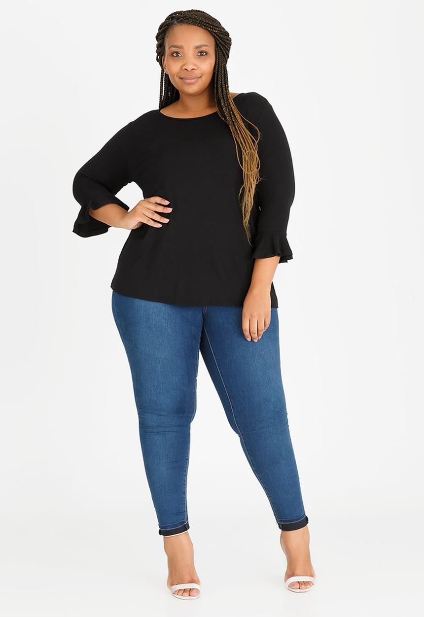 edit Plus - 3/4 Sleeve Frill T-Shirt Black