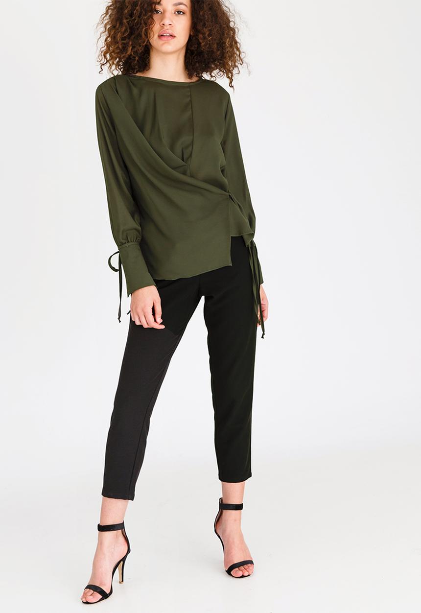 edit - Long-sleeve Wrap-over Blouse Khaki Green