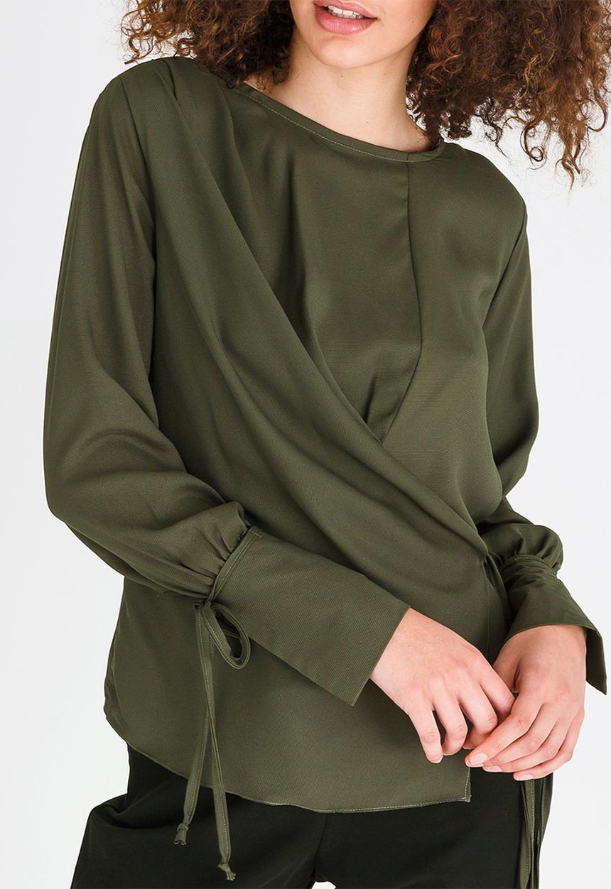 edit - Long-sleeve Wrap-over Blouse Khaki Green