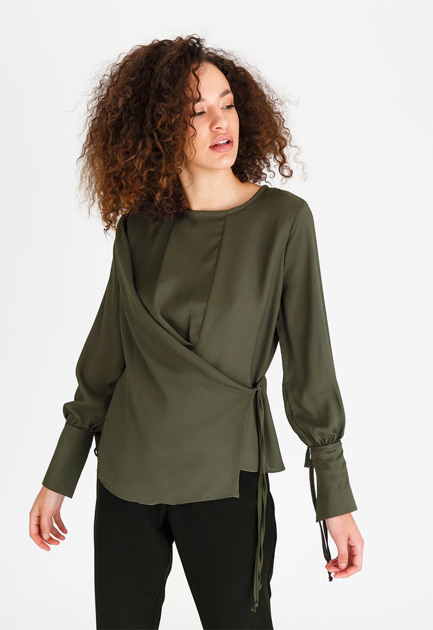 edit - Long-sleeve Wrap-over Blouse Khaki Green