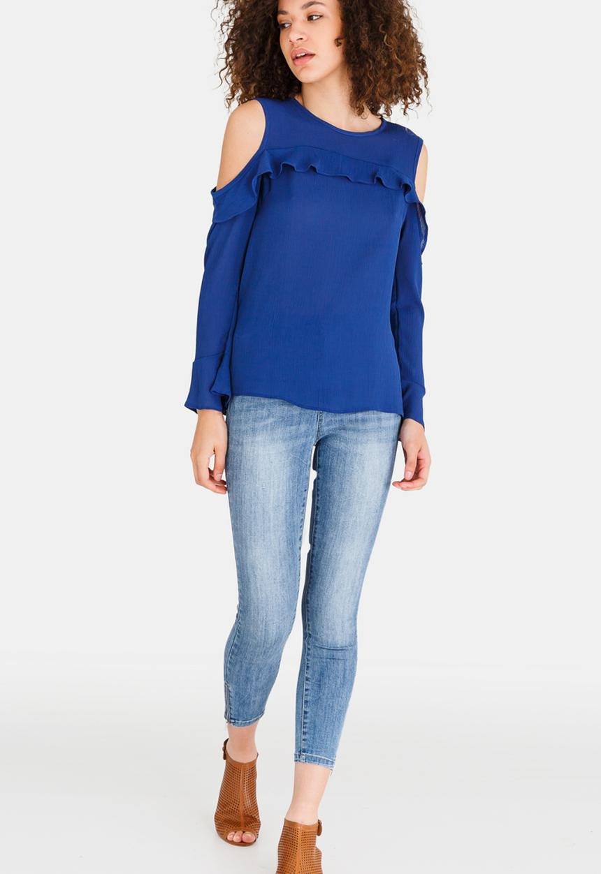 edit - Cold-shoulder Ruffle Blouse Blue