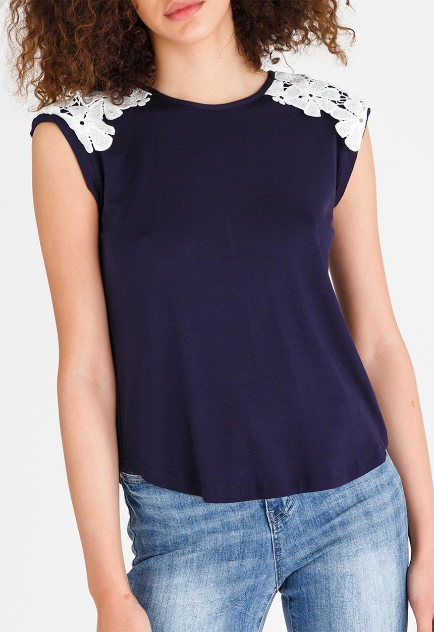 edit - Lace Trim Tee Navy
