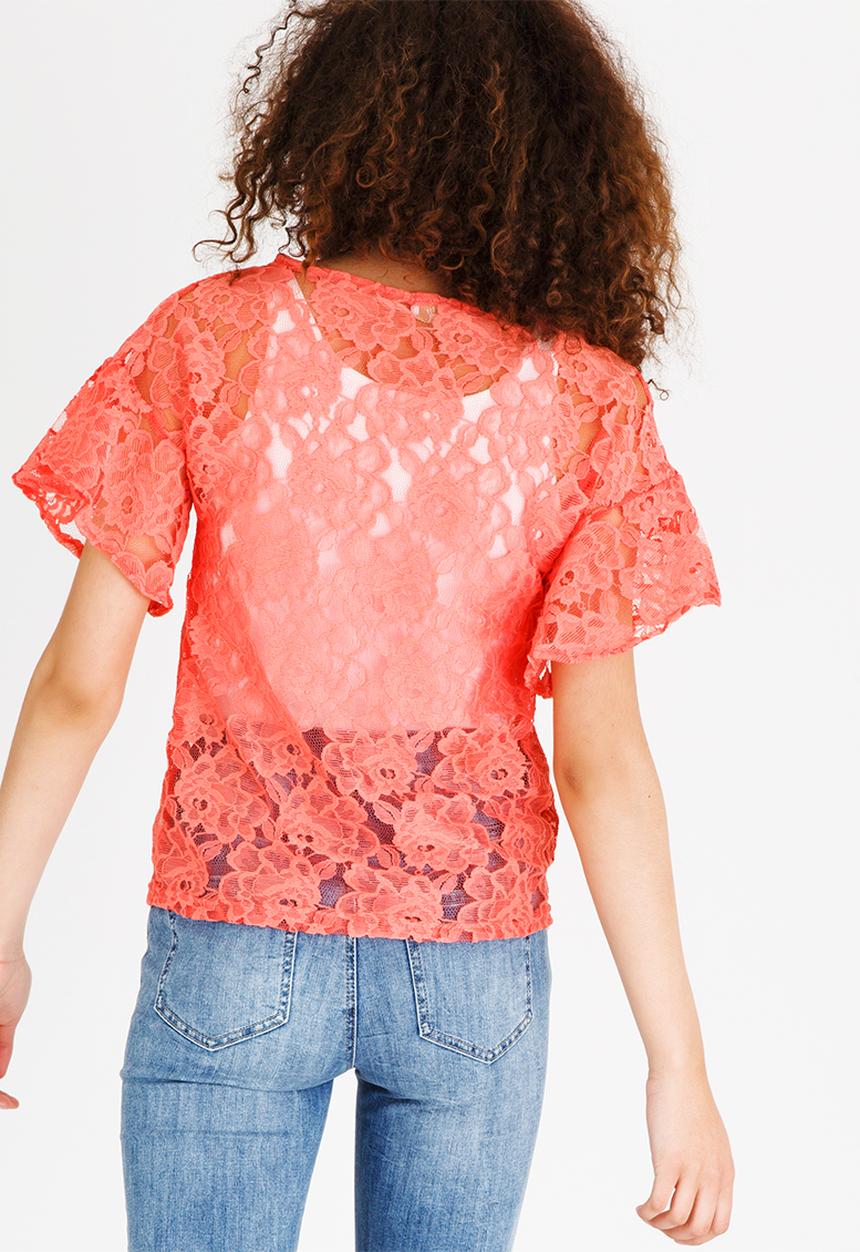 edit - Boxy Shape Bell Sleeve Lace Top Coral