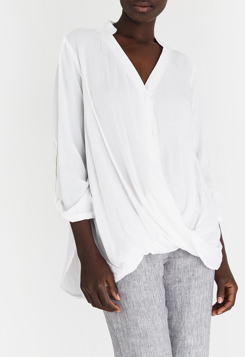 G Couture - Mockwrap Draped Blouse with Button Down White