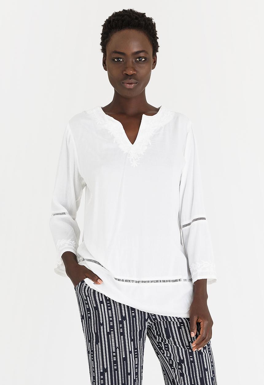 G Couture - Notchneck Blouse with Embroidery and Ladder Lace D White