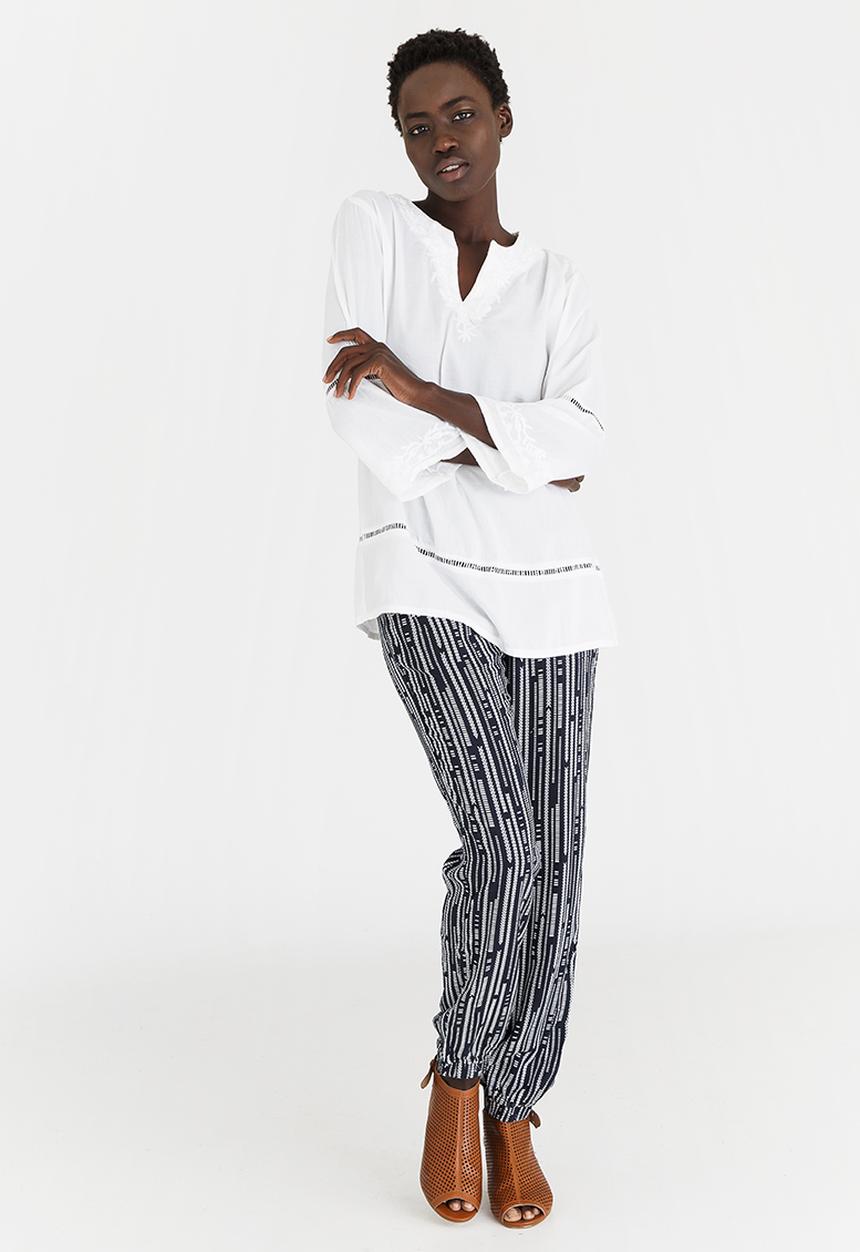 G Couture - Notchneck Blouse with Embroidery and Ladder Lace D White