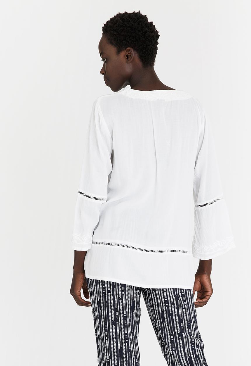 G Couture - Notchneck Blouse with Embroidery and Ladder Lace D White