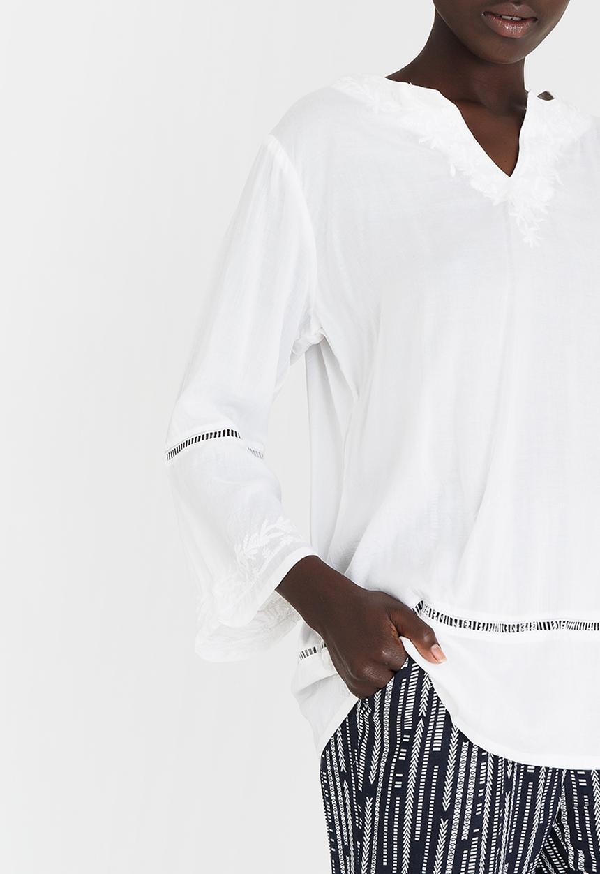 G Couture - Notchneck Blouse with Embroidery and Ladder Lace D White