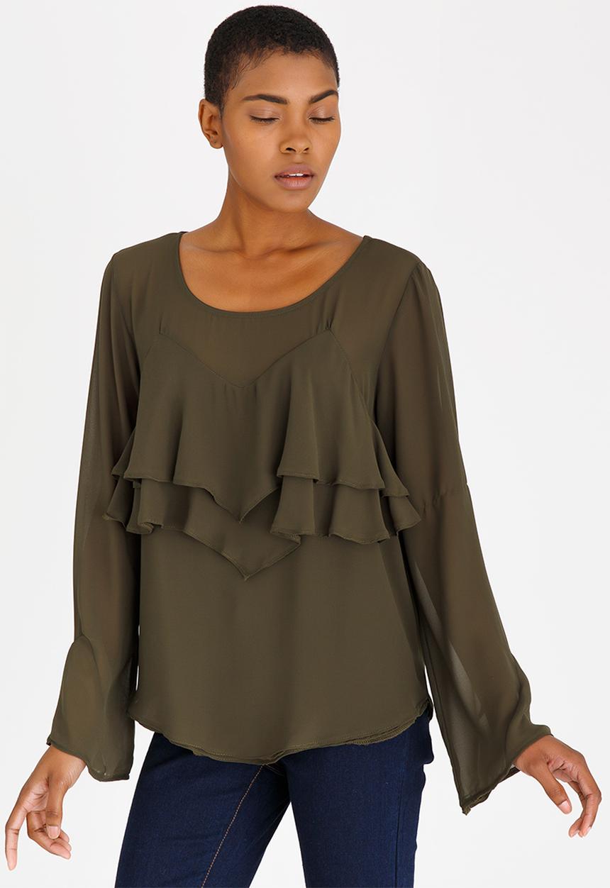 edit - Double Layer Long-sleeve Blouse Khaki Green