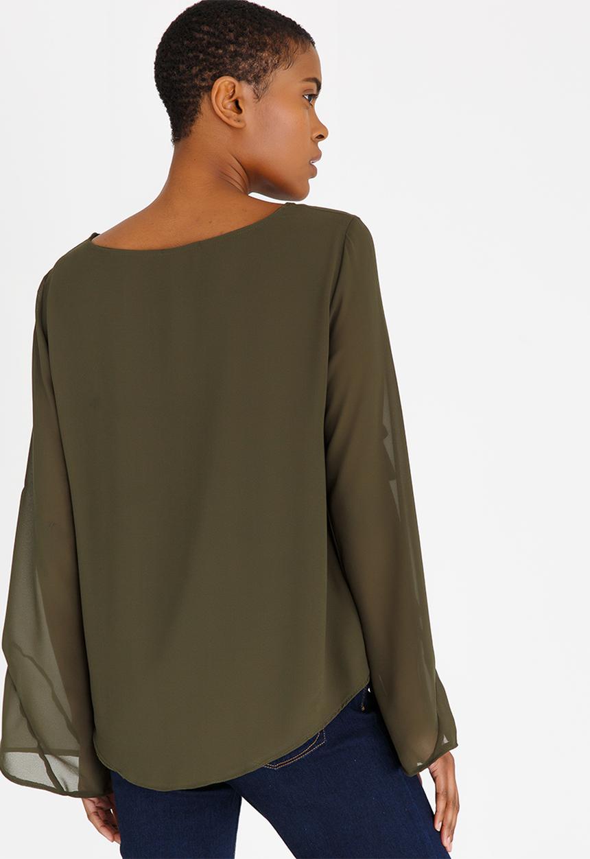 edit - Double Layer Long-sleeve Blouse Khaki Green