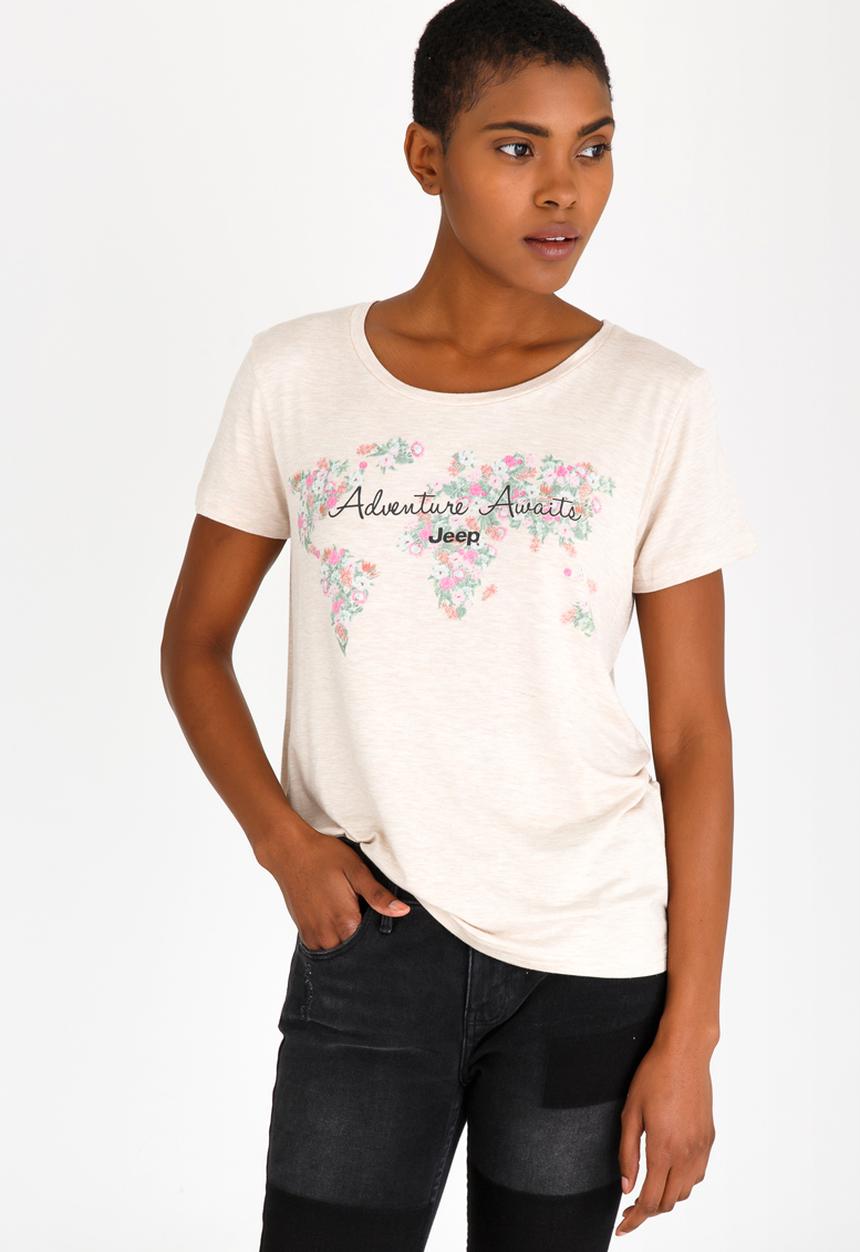 JEEP - Printed Scoop Neck Tee Stone