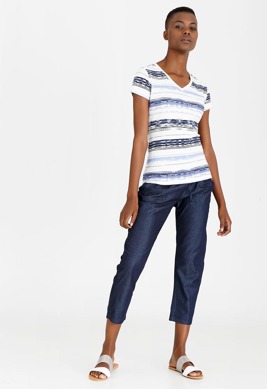 JEEP - Printed Stripe V-neck Tee Blue and White