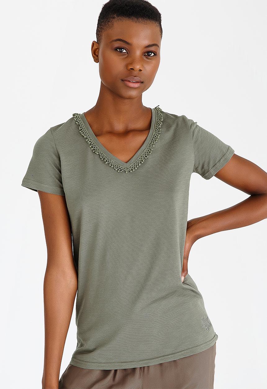 JEEP - Lace Trim V-neck Tee Khaki Green